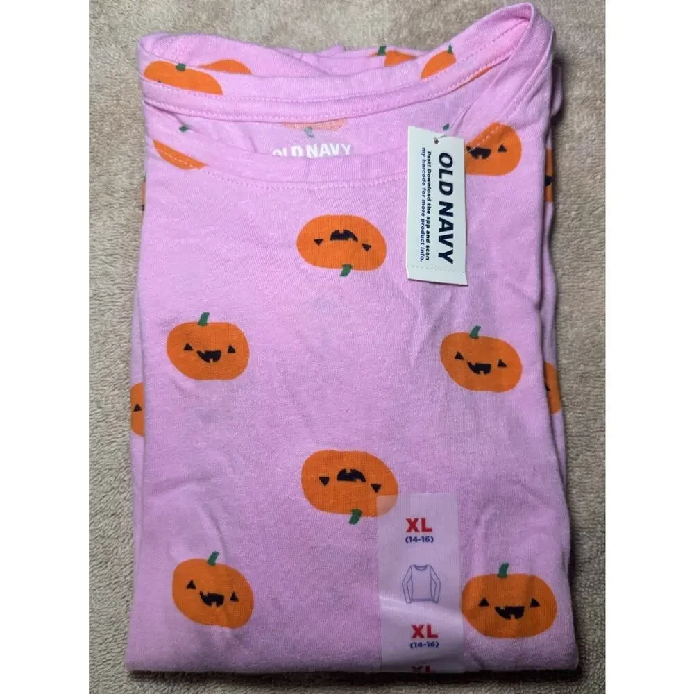 Long Sleeve T-Shirt Girls Kids XL (14-16) Pink with Pumpkin Face NWT Halloween